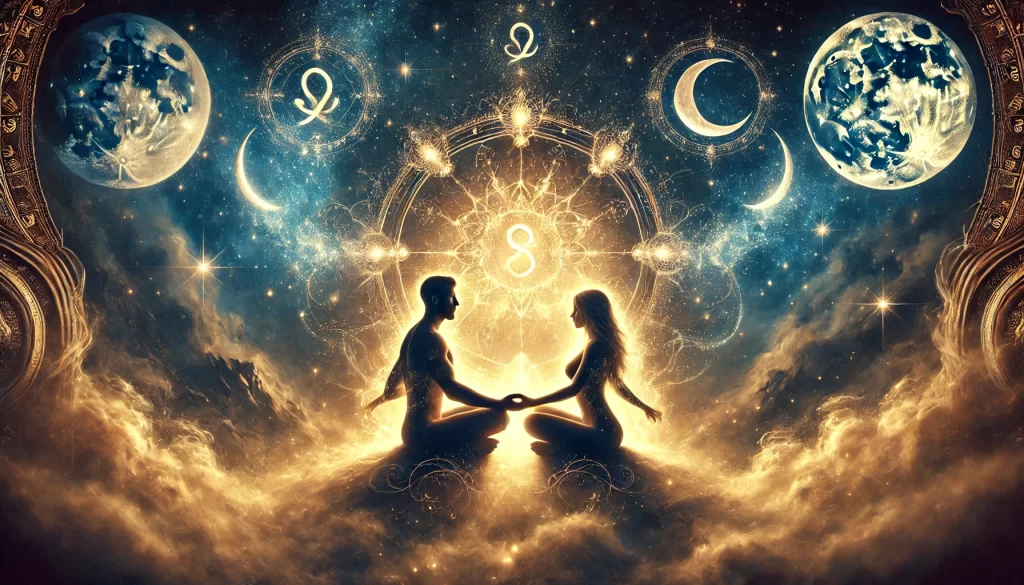 A couple engaged in a meditative gaze, surrounded by cosmic energy, symbolizing deep connection through Tantra and Vedic Astrology.