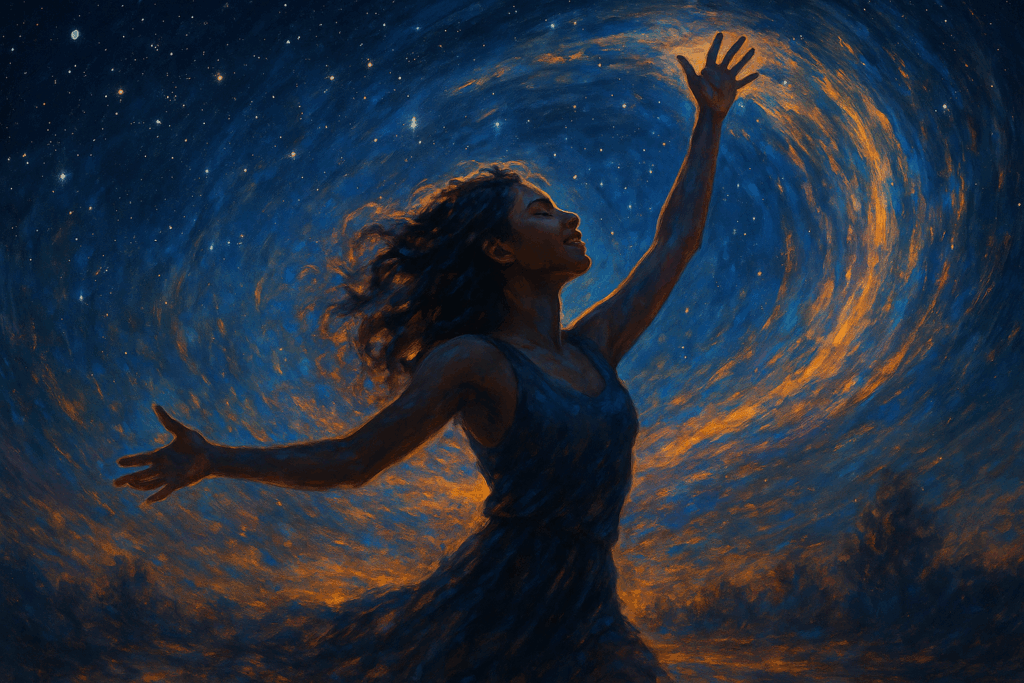 A joyful figure dances under a starry sky, surrounded by swirling cosmic light, symbolizing creativity, freedom, and sacred expression.