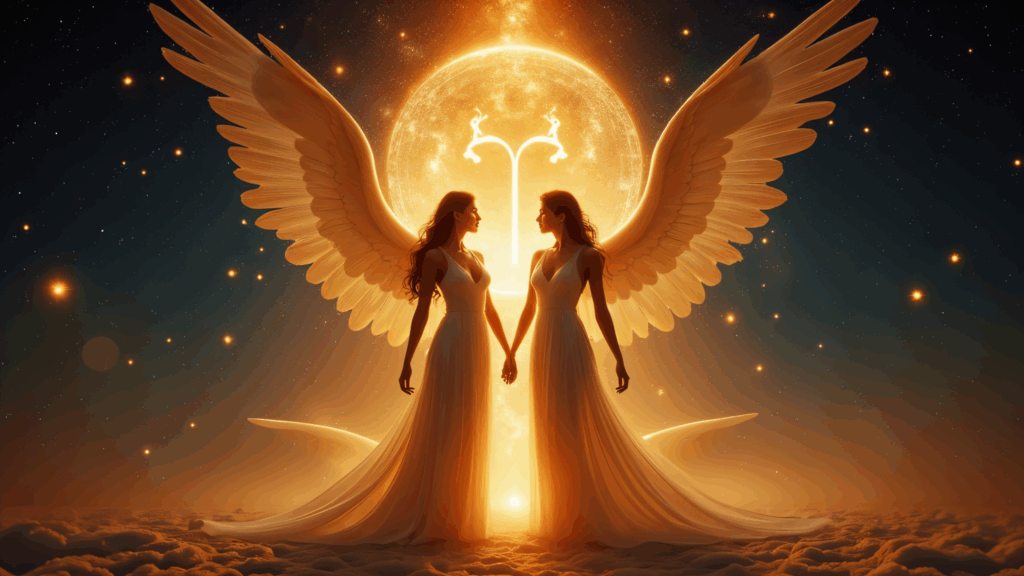 Two figures stand close but distinct, surrounded by soft energy fields and light, symbolizing healthy boundaries and connection. Celestial symbols of Libra and Venus glow above.