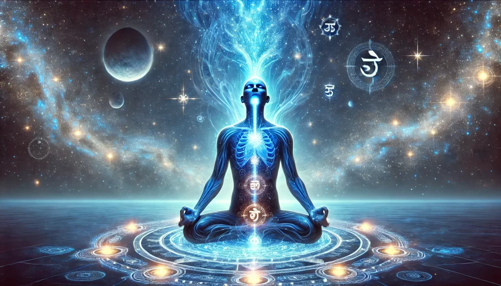 Meditative figure with glowing throat chakra under a starlit sky, symbolizing self-worth and expression in Vedic Astrology.