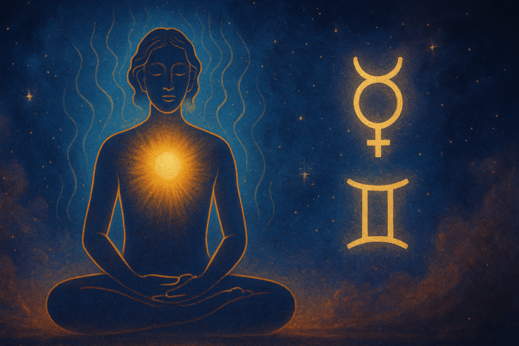 A glowing figure sits in meditation with light emanating from their throat chakra, surrounded by celestial glyphs of Mercury and Gemini.