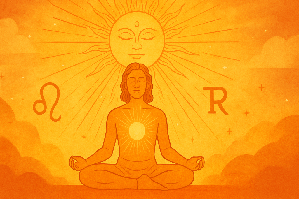 A radiant meditative figure sits beneath a luminous golden sun, surrounded by celestial symbols and glowing solar energy, symbolizing clarity and purpose.