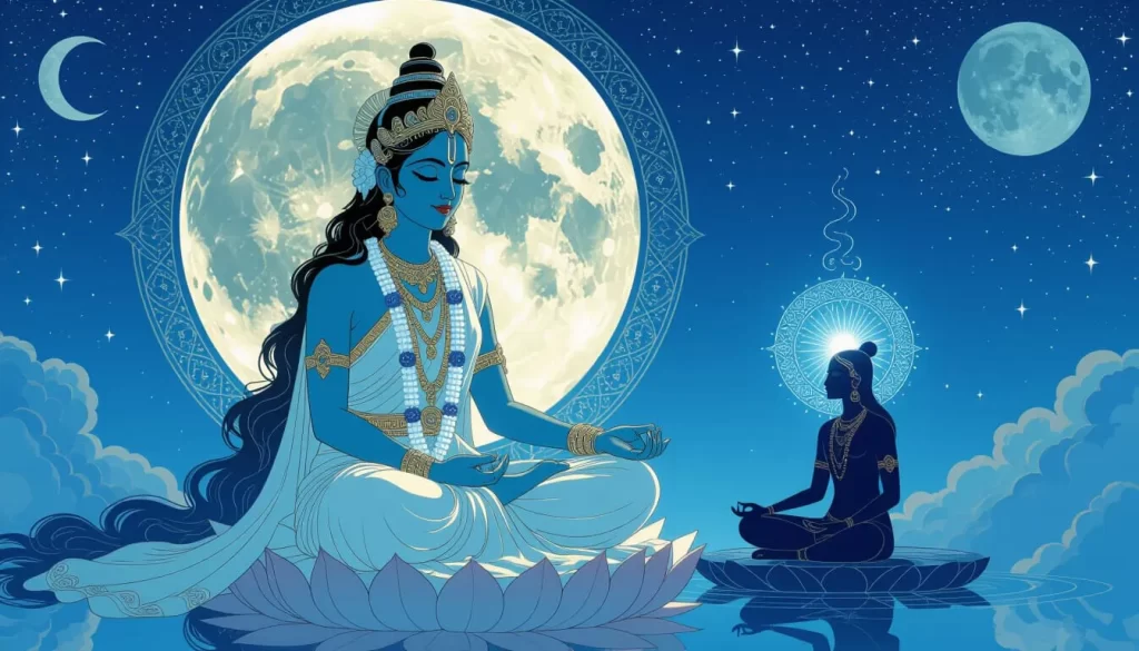 Chandra, the Vedic Moon deity, depicted in a serene night sky surrounded by moon phases, symbolizing intuition and emotional awareness.