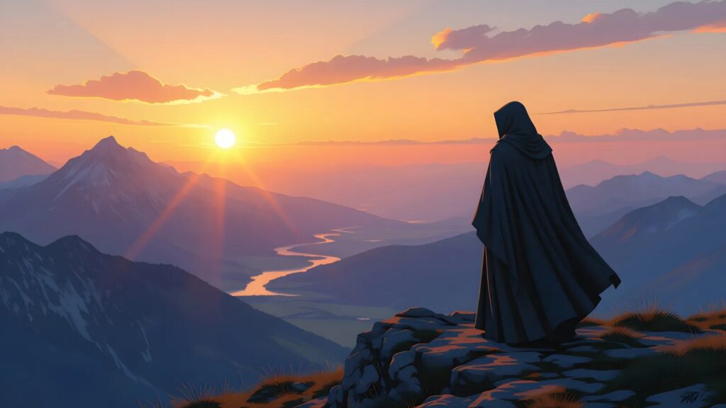 Figure on a mountain summit at dawn, symbolizing dharma.