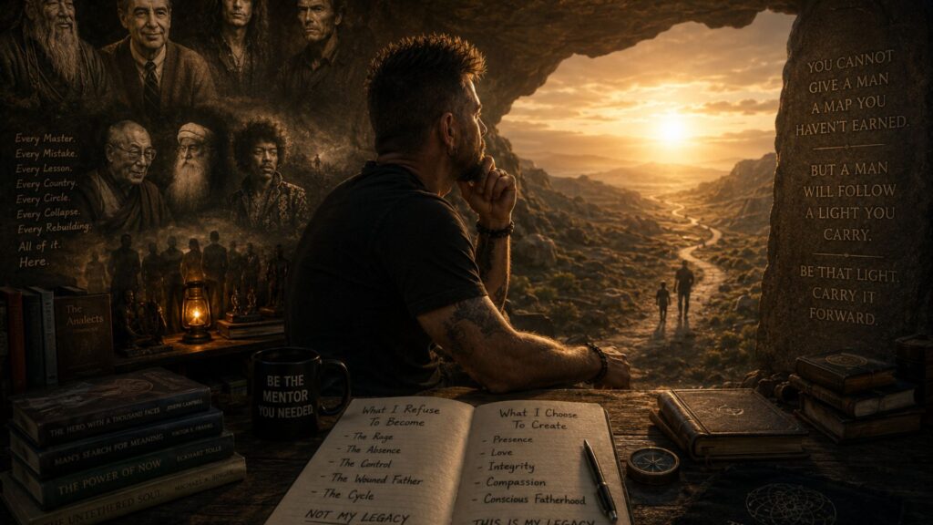 A person reflecting alone while imagining the guidance of a supportive mentor.