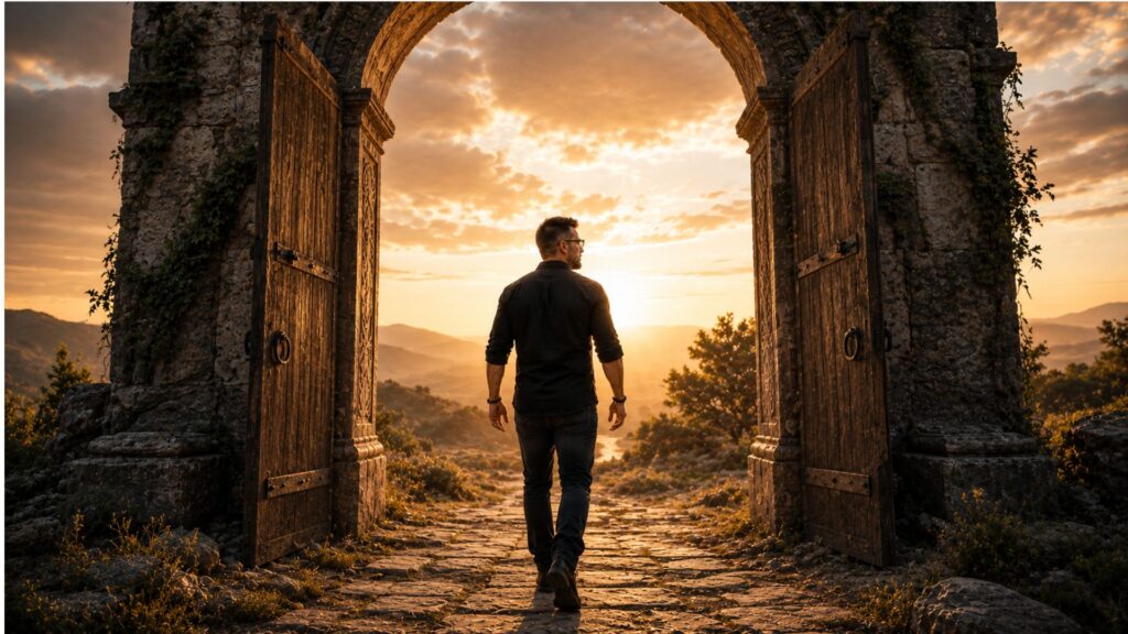 A confident person standing on a mountain at sunrise, symbolising self-belief and personal empowerment.